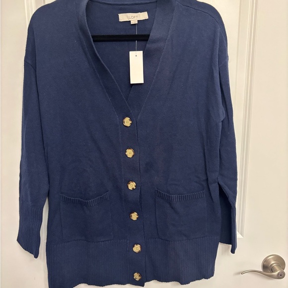 LOFT Deep Blue Cardigan with Gold Buttons - Picture 1 of 5